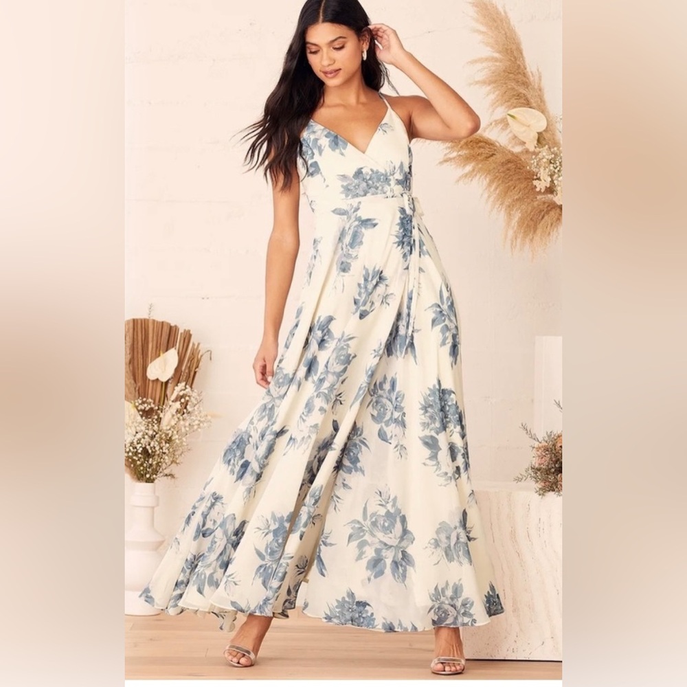 Lulus Elegantly Inclined Cream and Blue Floral Print Wrap Maxi Dress Size S